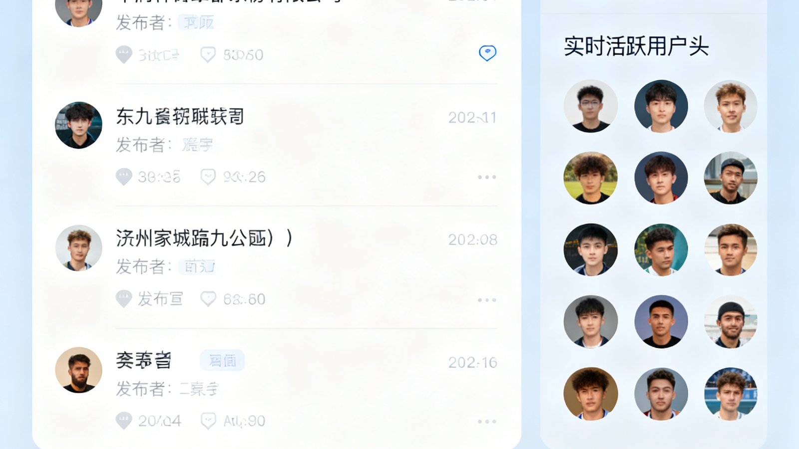 球迷社区讨论区界面截图，展示帖子列表和热门话题标签，顶部有搜索栏和发帖按钮，右侧展示实时活跃用户头像列表