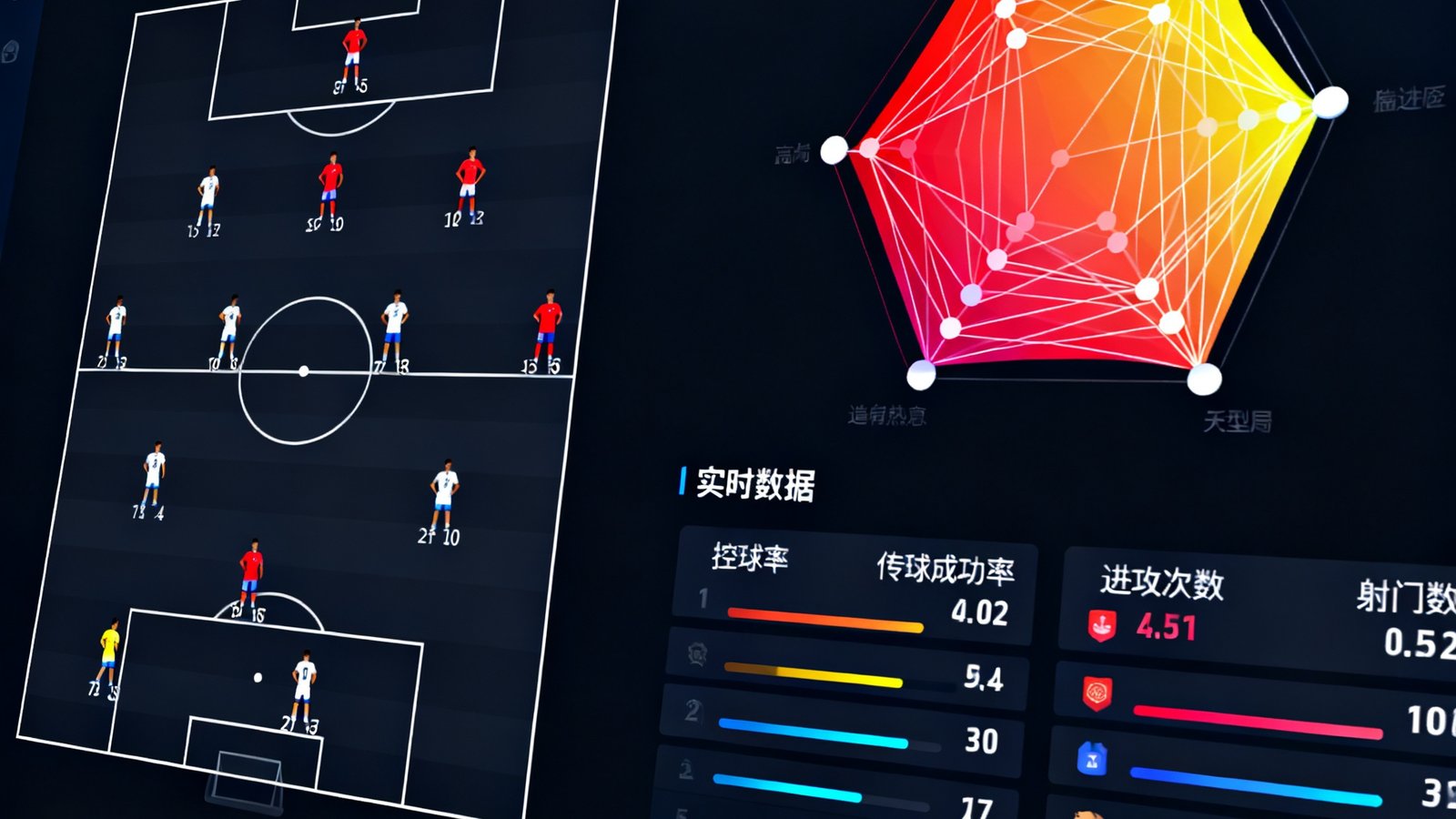 懂球体育战术分析仪表盘界面截图，展示球队阵型图、传球网络热力图和实时数据面板的整合视图，界面以深色背景衬托彩色数据可视化图表
